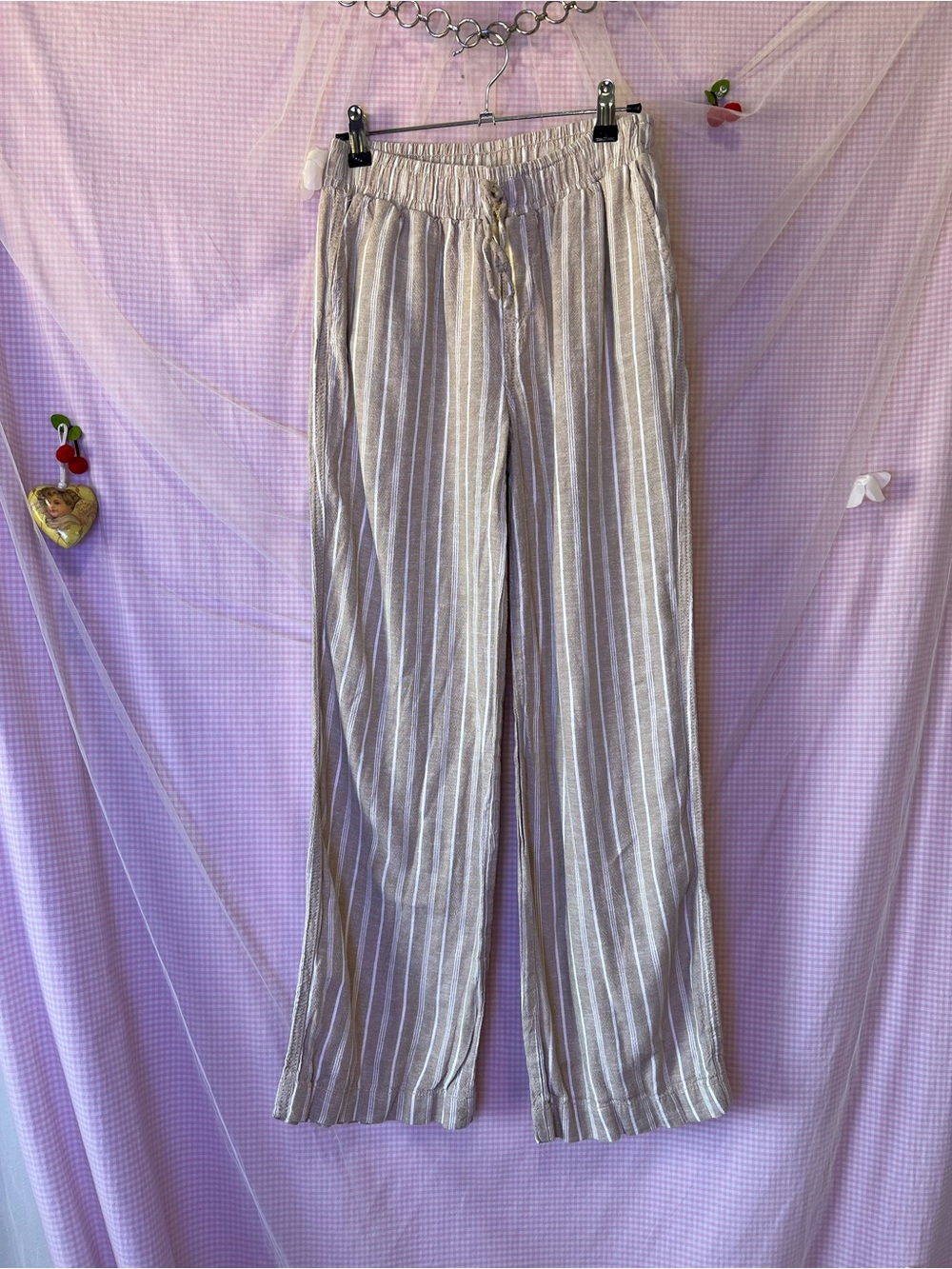 Neutral Striped Drawstring Linen-Blend Pants